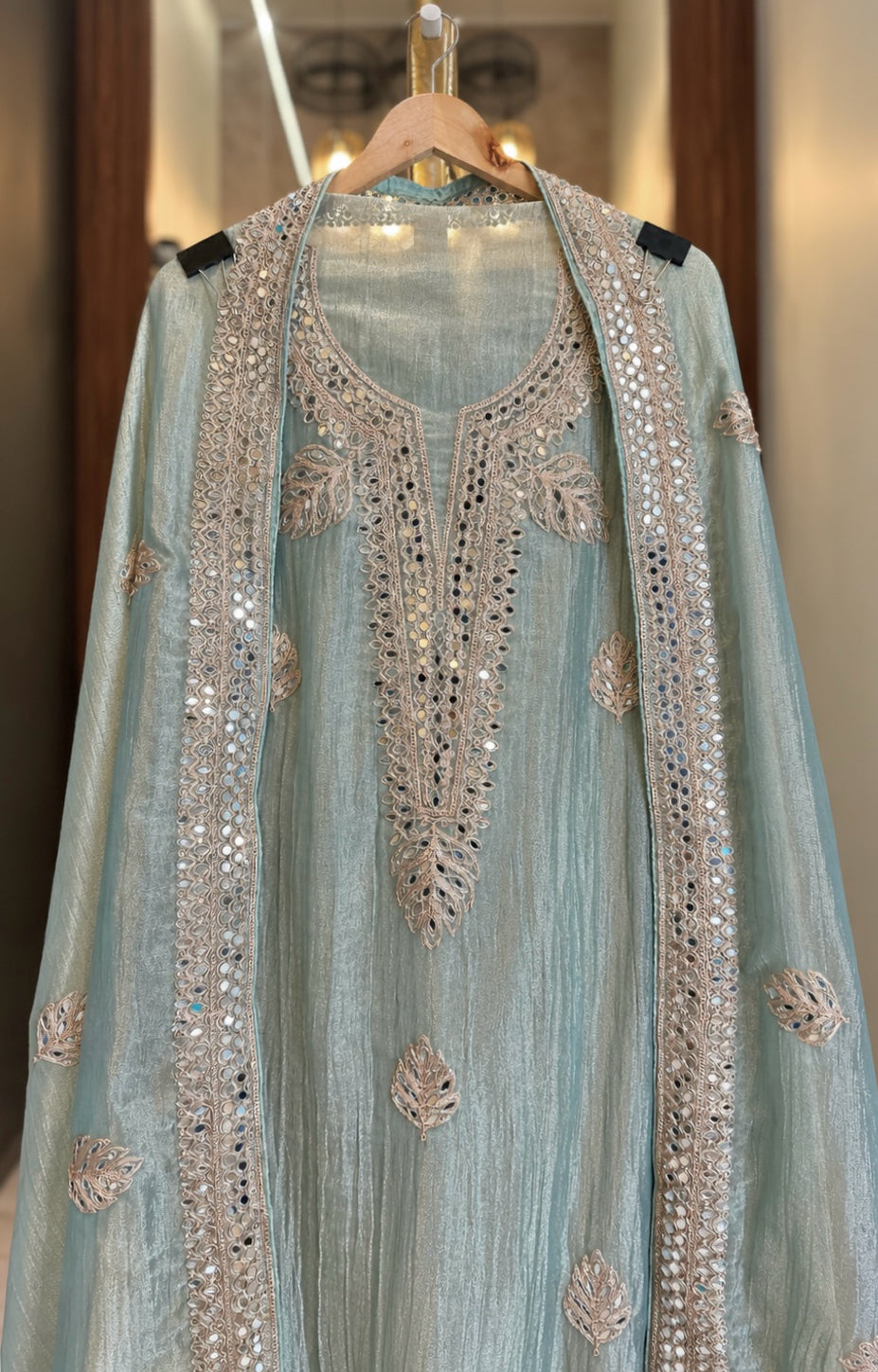 Crushed Tissue Suit with Mirror Work in Sage Green — Crushed Tissue, un-stitched suit set by Stree Boutique (photo 2)