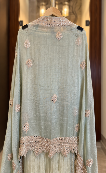 Crushed Tissue Suit with Mirror Work in Sage Green — Crushed Tissue, un-stitched suit set by Stree Boutique (photo 3)