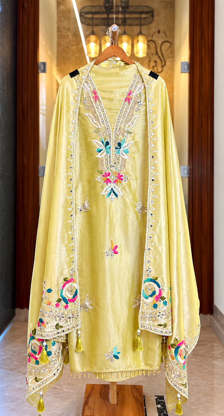 Shimmer Suit with Gota Work in Olive Green — Shimmer, un-stitched suit set by Stree Boutique (photo 1)