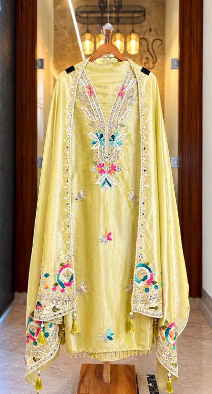 Shimmer Suit with Gota Work in Olive Green — Shimmer, un-stitched suit set by Stree Boutique (photo 1)