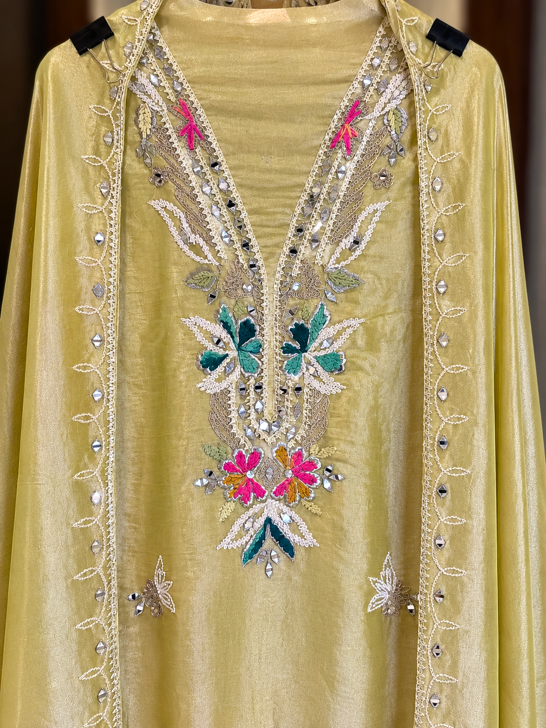 Shimmer Suit with Gota Work in Olive Green — Shimmer, un-stitched suit set by Stree Boutique (photo 2)