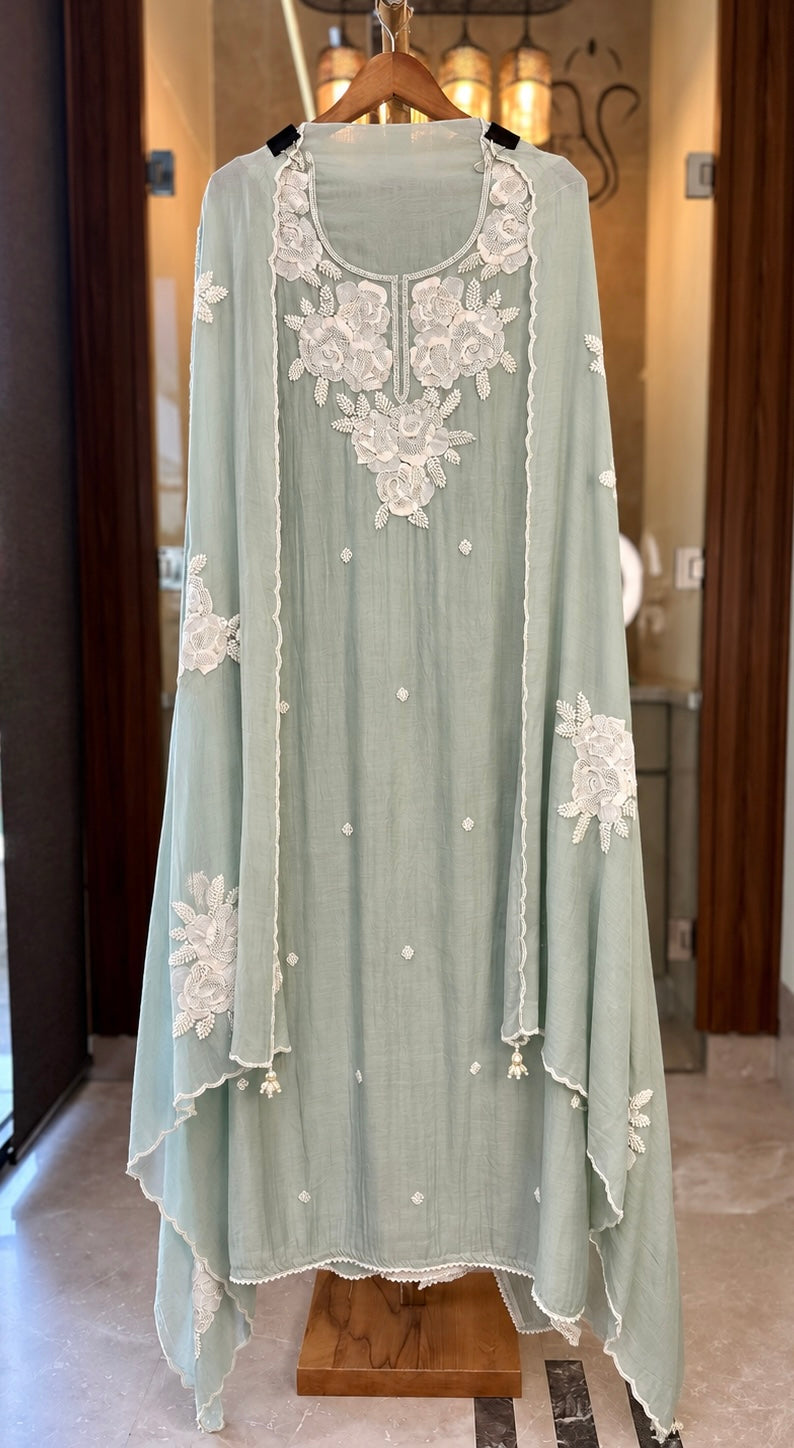 Pure Mul Suit with Pearl & Kutdana Work in Sea Green — Mul Cotton, un-stitched suit set by Stree Boutique (photo 1)