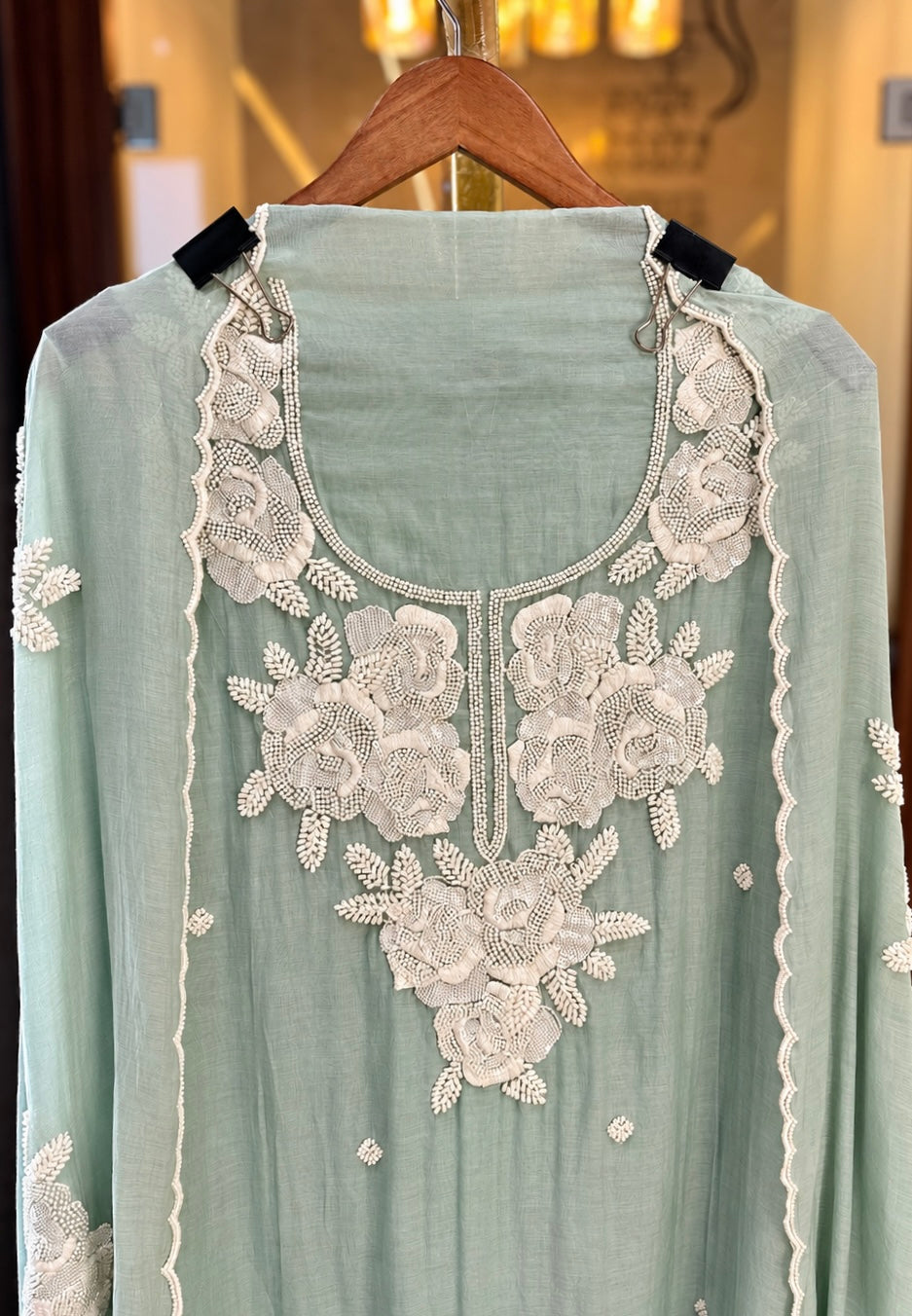 Pure Mul Suit with Pearl & Kutdana Work in Sea Green — Mul Cotton, un-stitched suit set by Stree Boutique (photo 2)