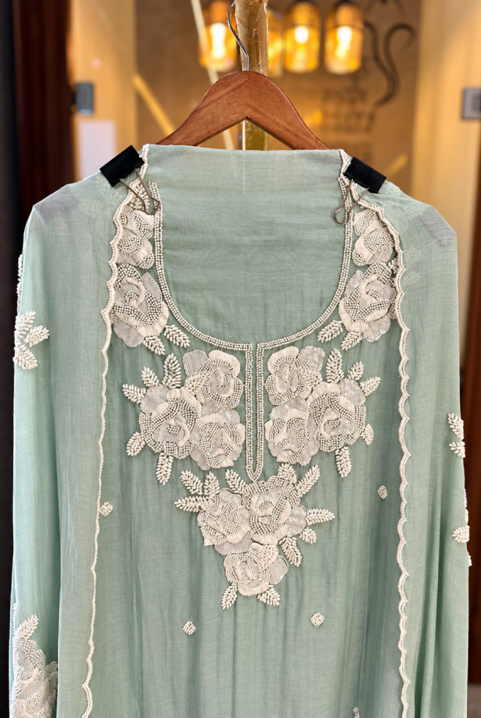 Pure Mul Suit with Pearl & Kutdana Work in Sea Green — Mul Cotton, un-stitched suit set by Stree Boutique (photo 3)