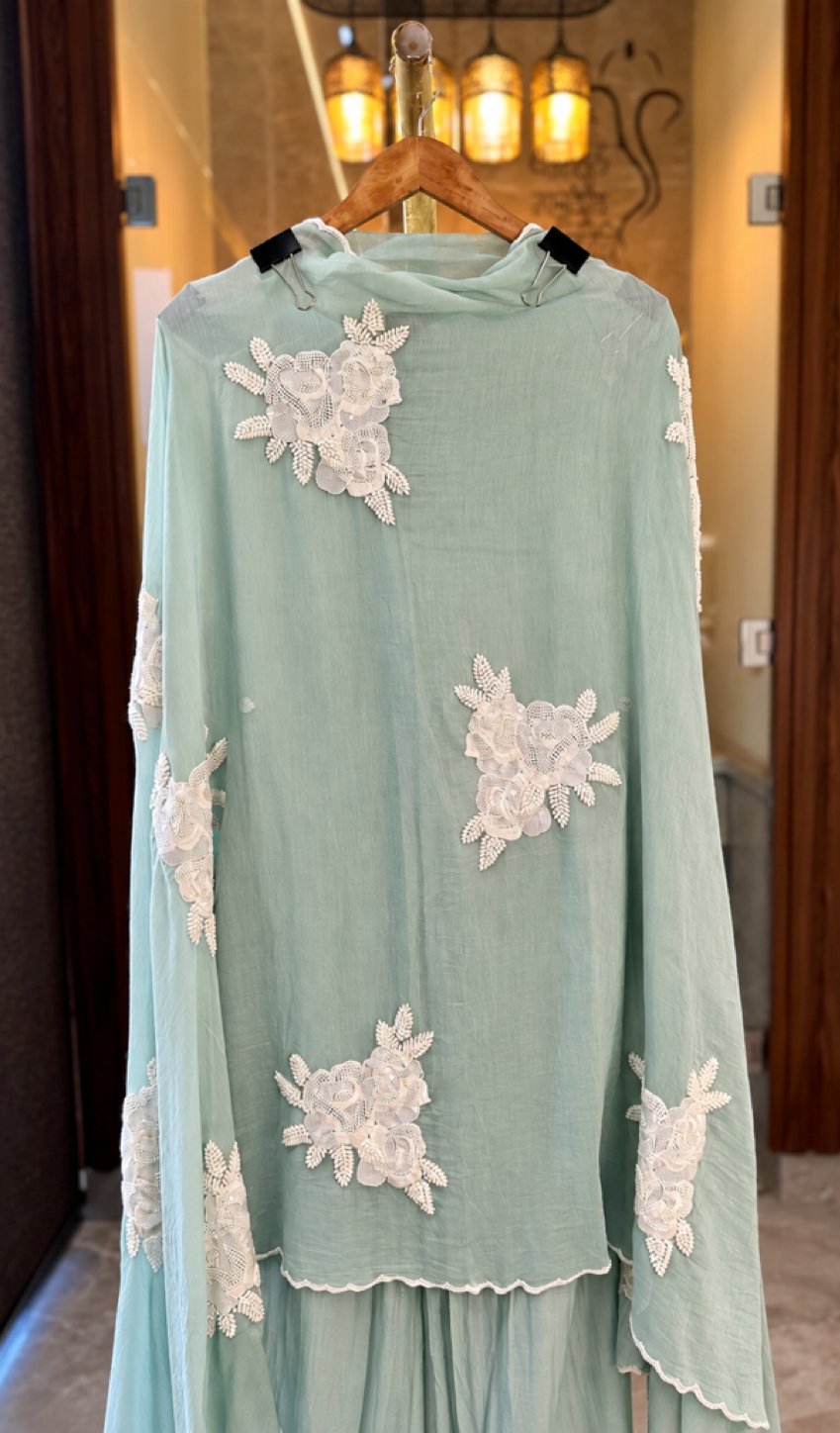 Pure Mul Suit with Pearl & Kutdana Work in Sea Green — Mul Cotton, un-stitched suit set by Stree Boutique (photo 4)