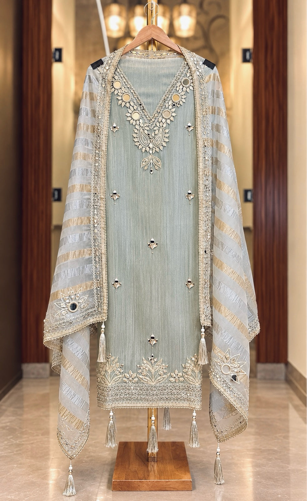 Crushed Tissue Suit with Gota & Mirror Work in Slate Blue — Crushed Tissue, un-stitched suit set by Stree Boutique (photo 1)