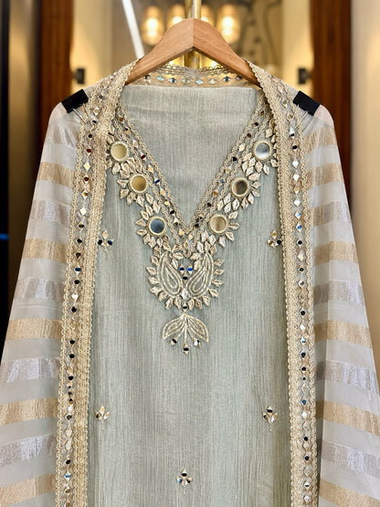 Crushed Tissue Suit with Gota & Mirror Work in Slate Blue — Crushed Tissue, un-stitched suit set by Stree Boutique (photo 2)
