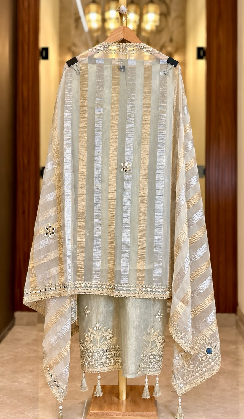 Crushed Tissue Suit with Gota & Mirror Work in Slate Blue — Crushed Tissue, un-stitched suit set by Stree Boutique (photo 3)