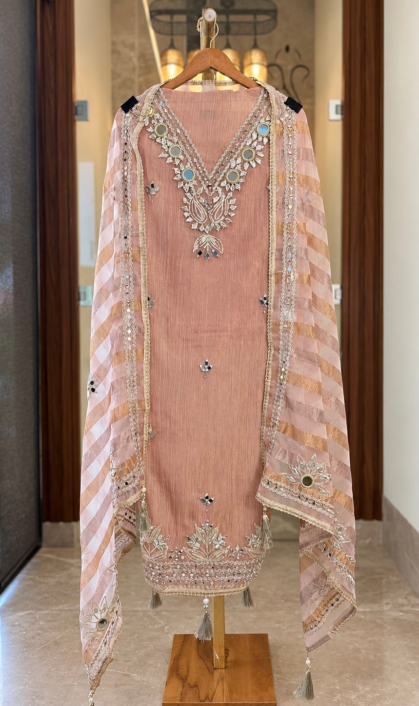 Crushed Tissue Suit with Gota & Mirror Work in Pink — Crushed Tissue, un-stitched suit set by Stree Boutique (photo 1)