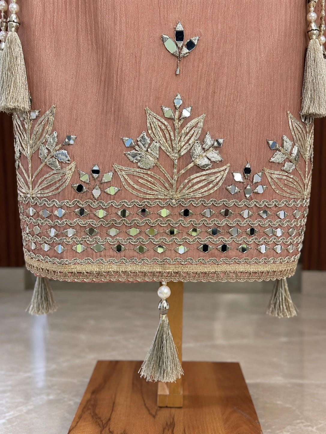 Crushed Tissue Suit with Gota & Mirror Work in Pink — Crushed Tissue, un-stitched suit set by Stree Boutique (photo 3)