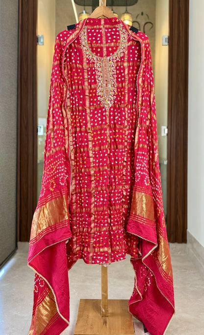 Bandej/Bandhani Suit with Gota, Mirror & Kutdana Work in Red — Bandej/bandhni, un-stitched suit set by Stree Boutique (photo 1)
