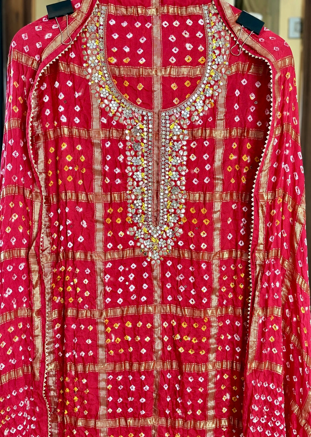 Bandej/Bandhani Suit with Gota, Mirror & Kutdana Work in Red — Bandej/bandhni, un-stitched suit set by Stree Boutique (photo 2)