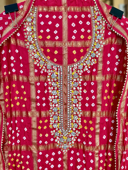 Bandej/Bandhani Suit with Gota, Mirror & Kutdana Work in Red — Bandej/bandhni, un-stitched suit set by Stree Boutique (photo 3)